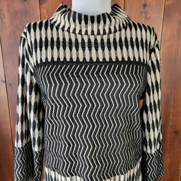 Anthropologie Uncle Frank L Black Tan Chevron Retro Mod Shift Dress 3/4 Sleeve - Picture 7 of 11